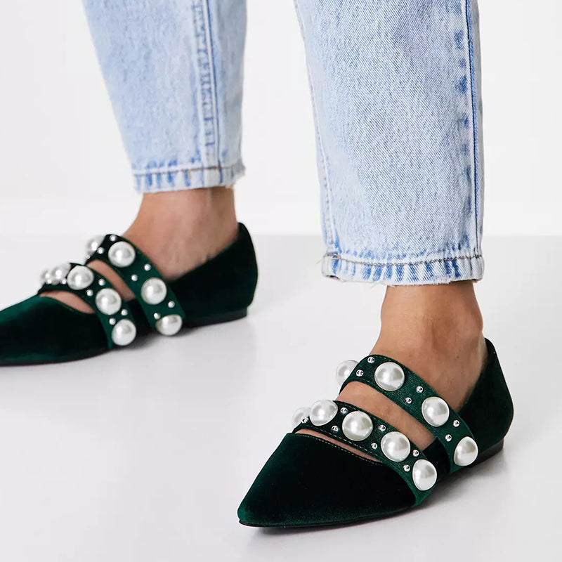 Green Velvet Pointed Toe Flats Pearls Embellished Mary Jane Shoes