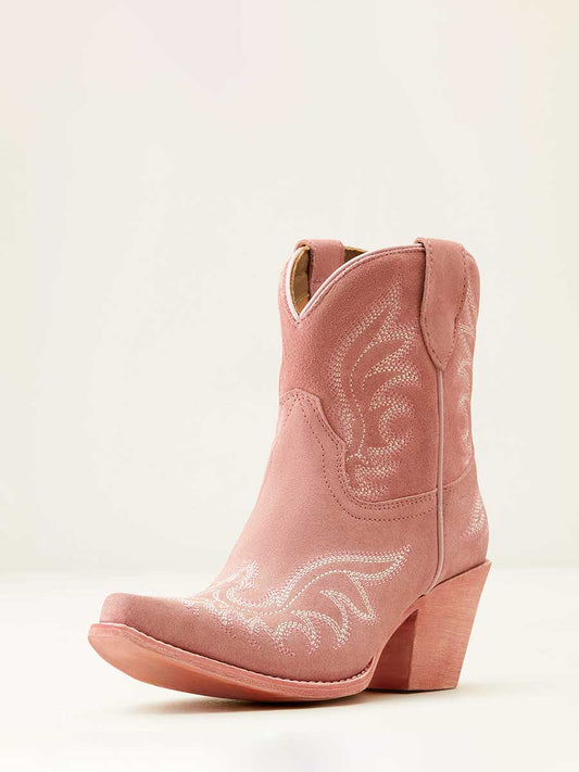 Women's Peach Faux Suede Snip Toe Embroidered Block Heel Cowgirl Ankle Boots