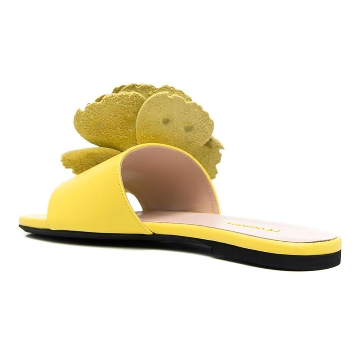 Women's Lemon Yellow Round Toe Flat Mules Sandals with Flower