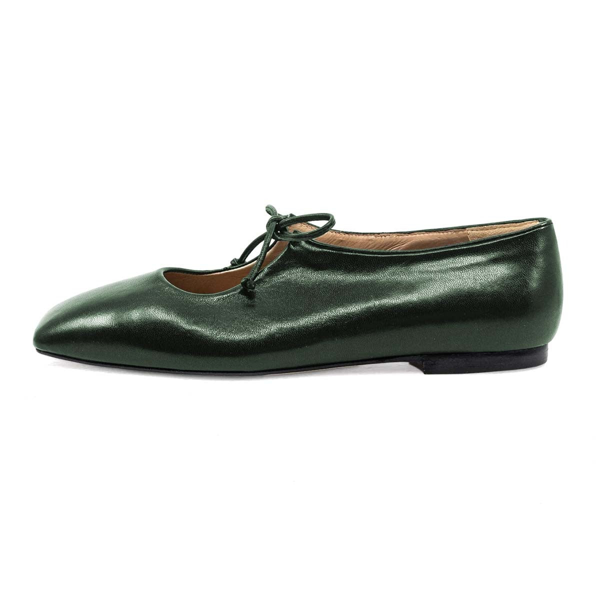 Vegan Leather Square Toe Lace Up Metallic Green Mary Jane Flats