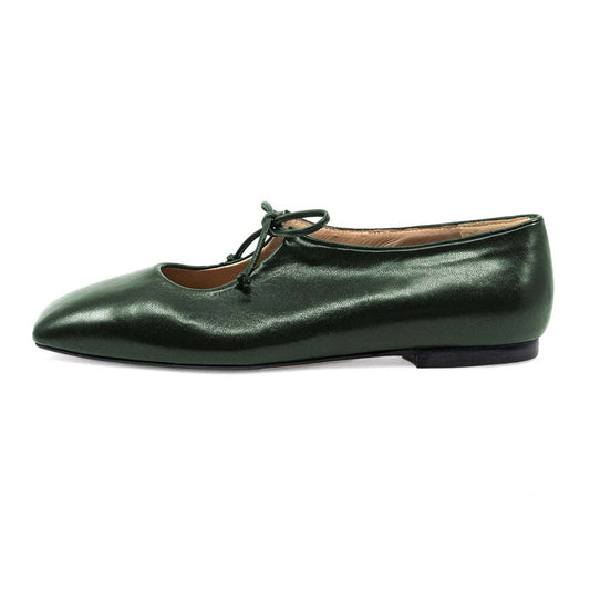 Vegan Leather Square Toe Lace Up Metallic Green Mary Jane Flats