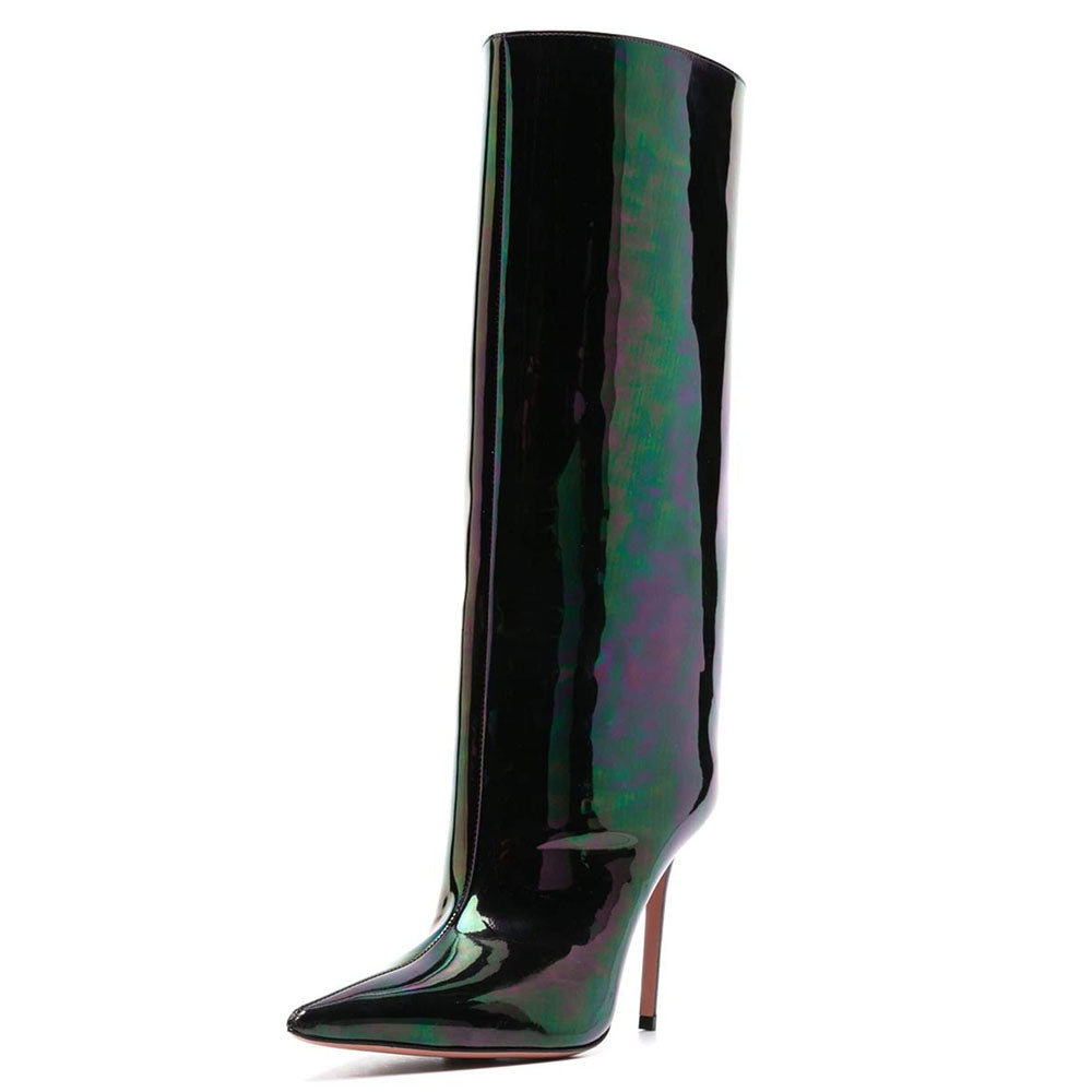 Black & Green Iridescent Patent Finish Stiletto Heel Knee High Boots