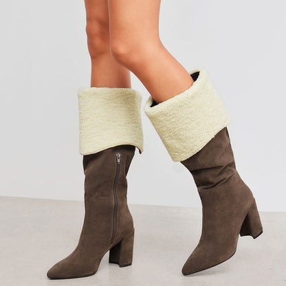 FSJ Brown Vegan Suede Almond Toe Fold Over Fuzzy Knee High Boots