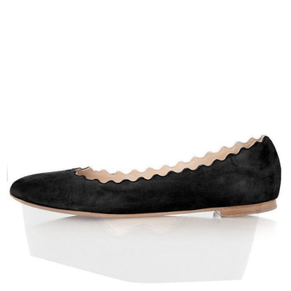 Black Round Toe Stacked Heel Scalloped Ballet Flats for Women