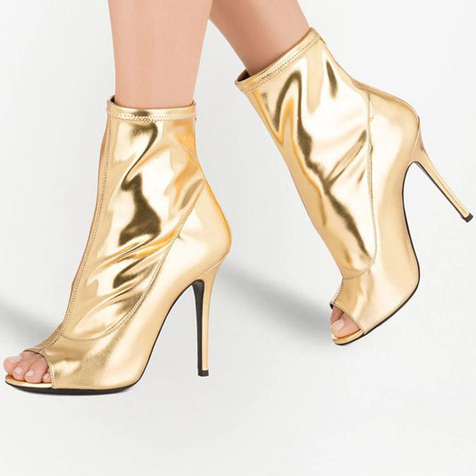 Women's Gold Peep Toe Elegant Stiletto Heel Ankle Boots