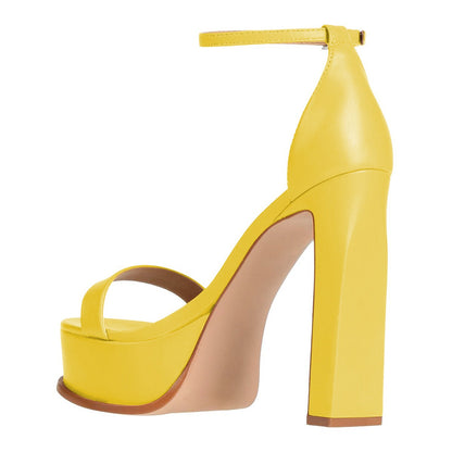 Yellow Open Round Toe Ankle Strap Chunky Heel Platform Sandals
