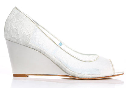 Women's Elegant White Lace Wedding Shoes Peep Toe Wedge Pumps