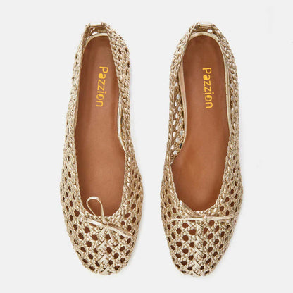Elegant Gold Square Toe Hollow-Out Bow Braided Women's Dress Flats
