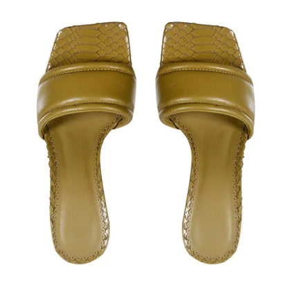 Women's Olive Sandals Classic Square Toe Kitten Heel Mules Shoes