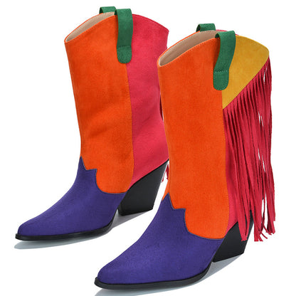 Women's Multicolor Patchwork Fringe Cowgirl Boots with Chunky Heels