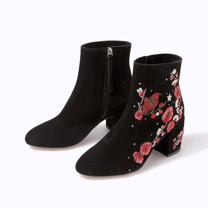 Black and Red Floral Vegan Suede Block Heel Ankle Boots