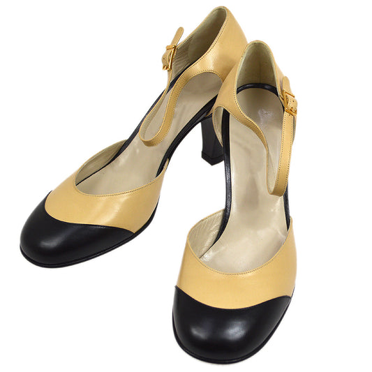 Yellow & Black Round Toe 3'' Block Heel Ankle Strap Pumps