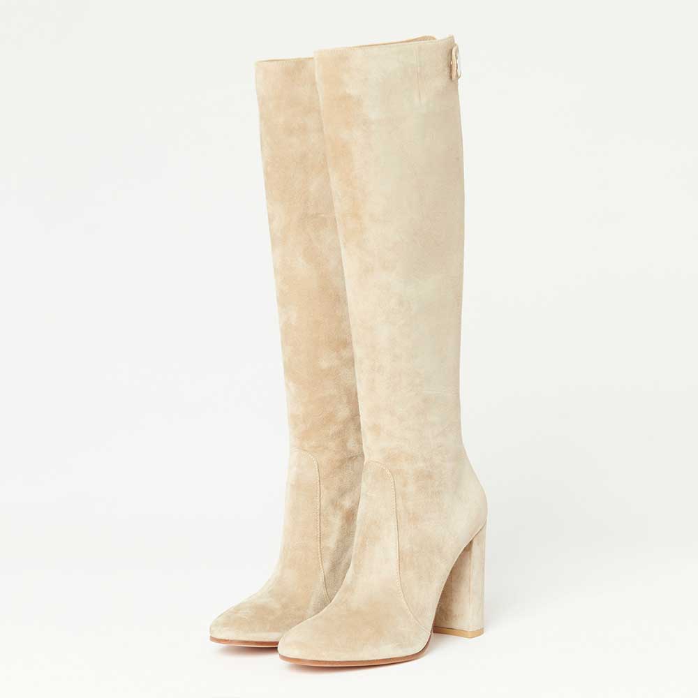 Beige Vegan Suede Pointed Toe Back-Zipper Block Heel Knee High Boots