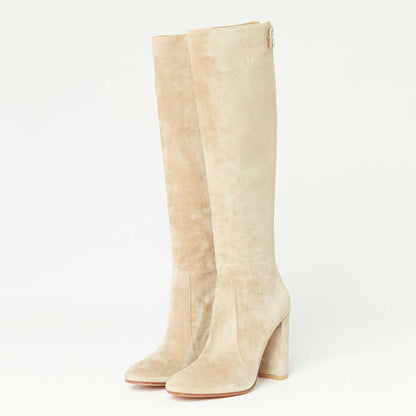 Beige Vegan Suede Pointed Toe Back-Zipper Block Heel Knee High Boots