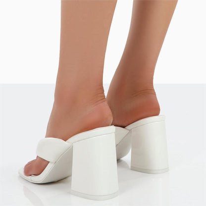 White Patent Leather Square Toe Block Heel Mules for Women