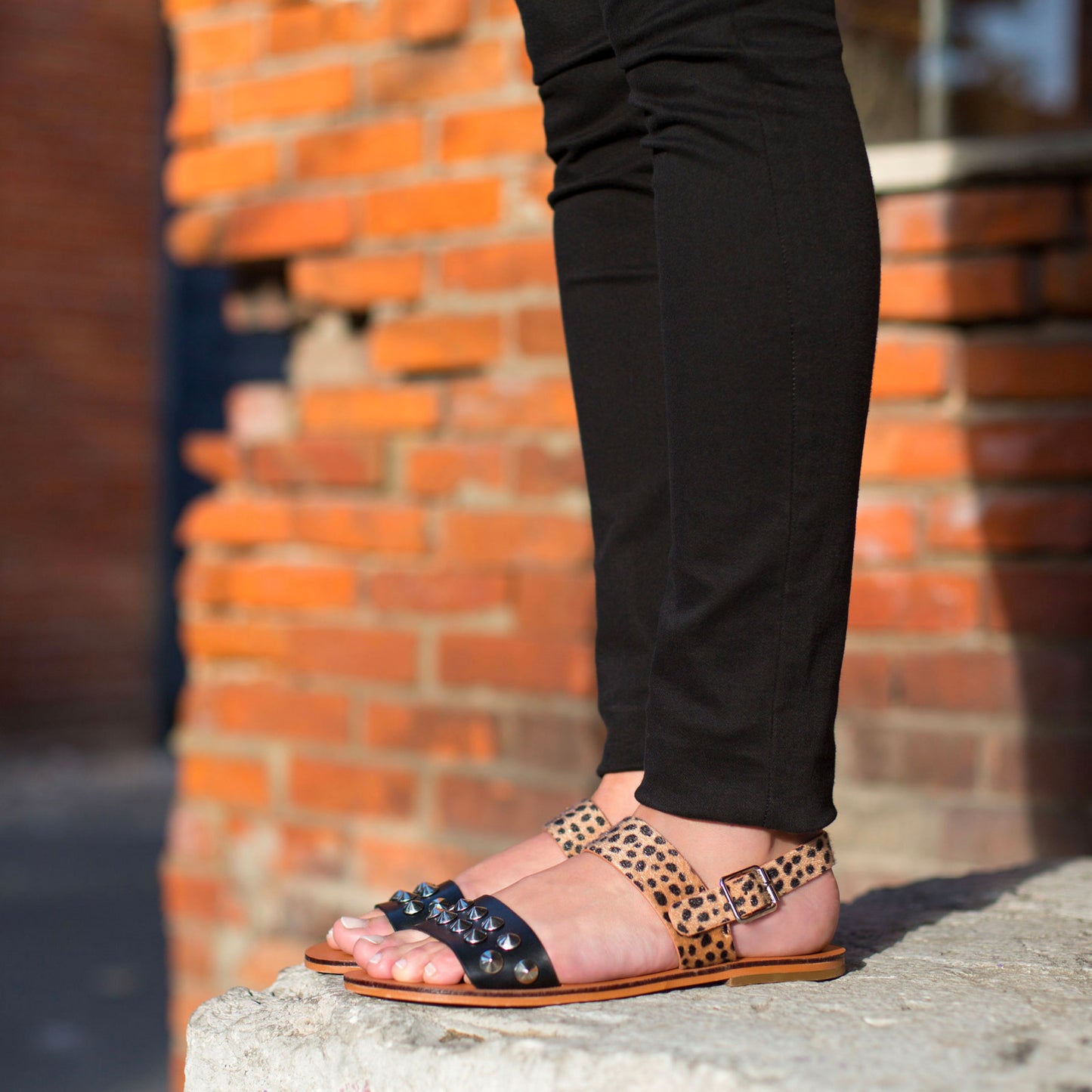 Black Vegan Suede Leopard Print Flats Studded Comfortable Sandals