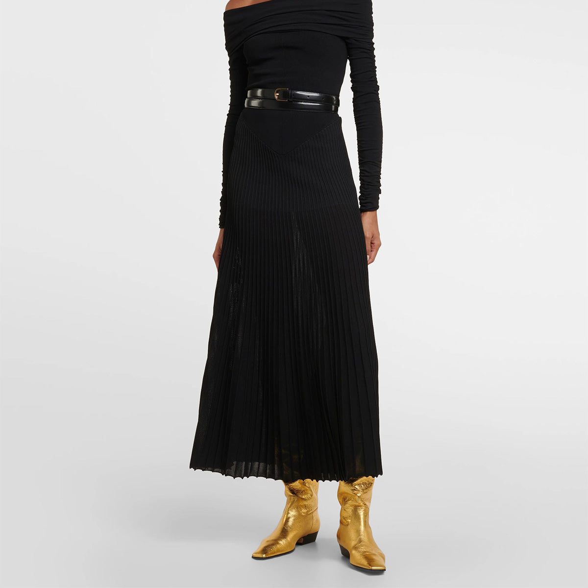 Gold Metallic Low Heel Knee High Boots for Women with Square Toe