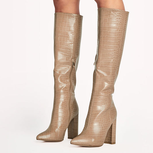 Pointed Toe Croco Embossed Shoes Block Heel Knee High Boots in Nude