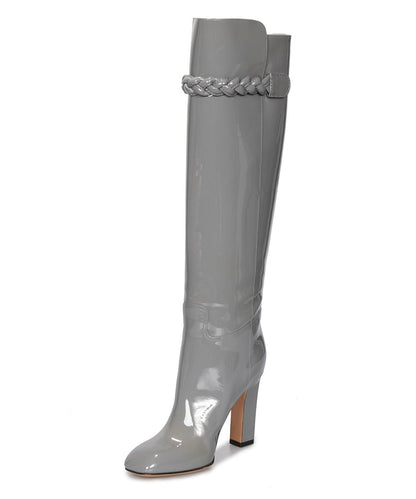 Grey Patent Leather Square Toe Knee High Boots with Block Heels