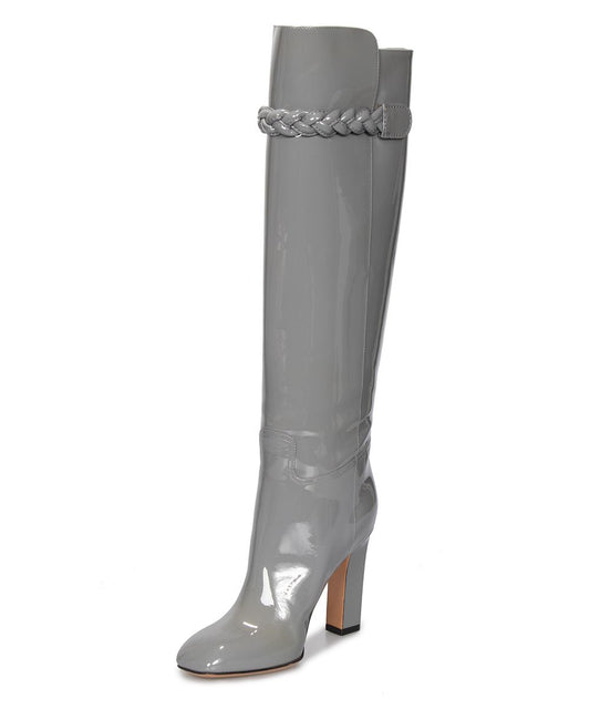 Grey Patent Leather Square Toe Knee High Boots with Block Heels