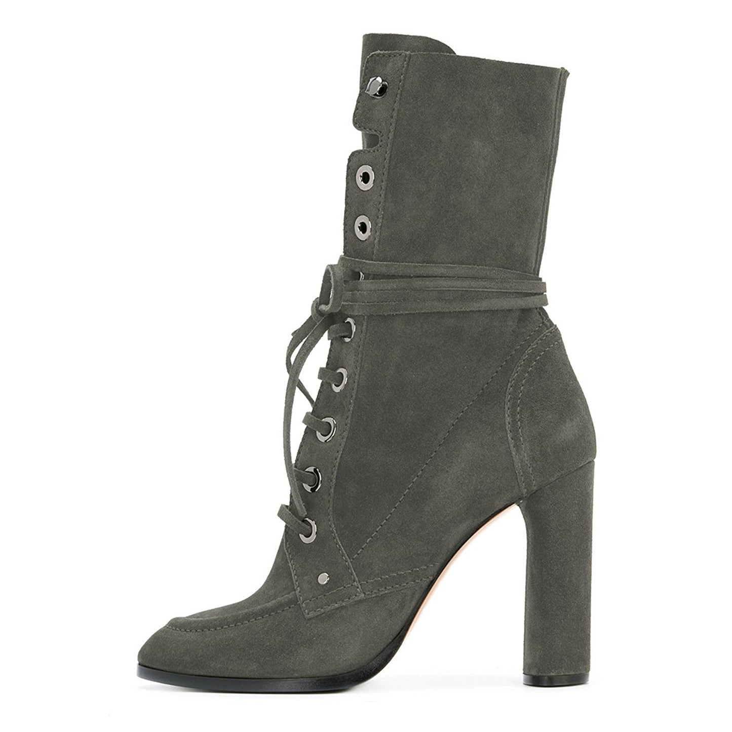 Grey Vegan Suede Lace Up Round Toe Chunky Heel Mid Calf Boots