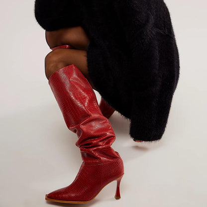 Red Snip Toe 3'' Kitten Heel Wide-Calf Croc Embossed Knee High Boots