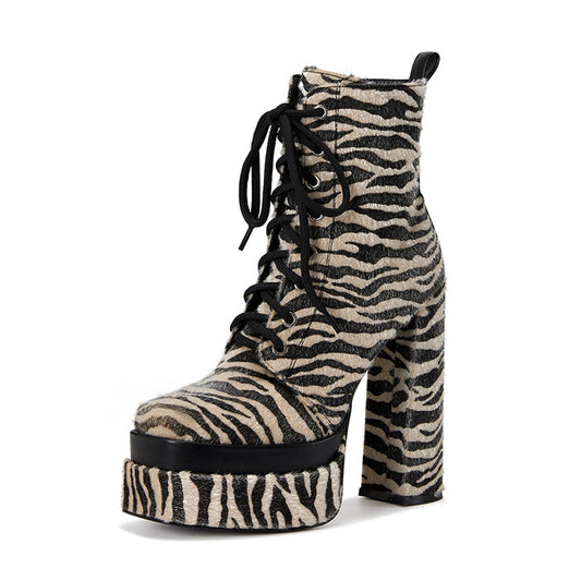 Zebra Print Square Toe Lace-Up Chunky Heel Zipper Platform Booties