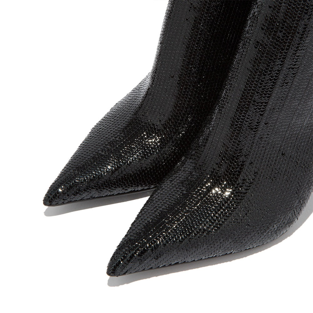Black Pointed Toe Cone Heel Sparkly Ankle Boots for Women