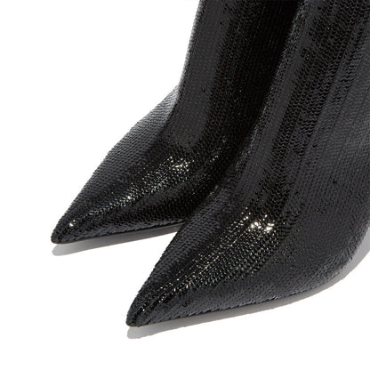 Black Pointed Toe Cone Heel Sparkly Ankle Boots for Women