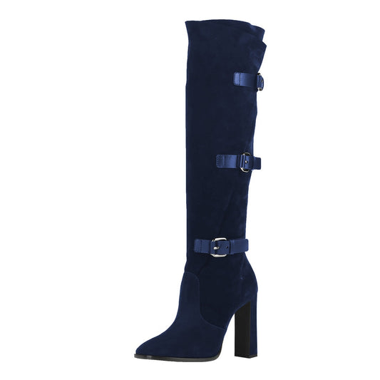 Navy Round Toe Chunky Heel Triple Buckle Straps Knee High Boots