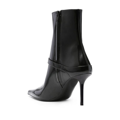Black Pointed Toe Buckle Strap Decor Stiletto Heeled Ankle Boots