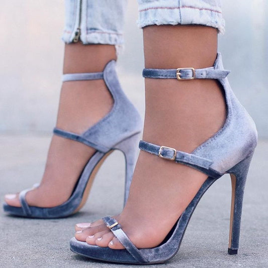 Dusty Blue Velvet Buckled Triple Straps Open Toe High Heels Sandals