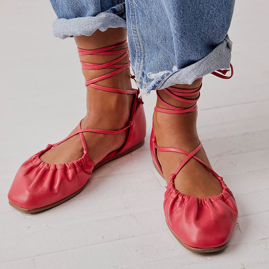 Red Violet Round Toe Side Cut-Out Lace Up Ballet Flats