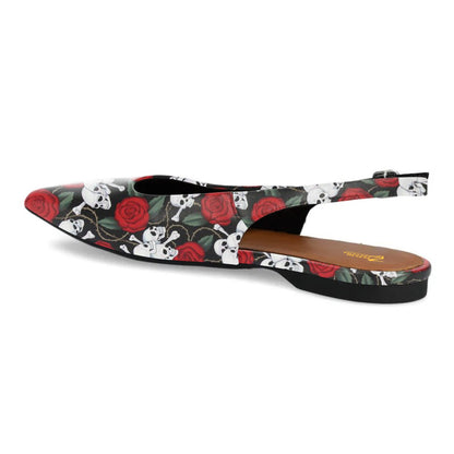 Multicolor Rose and Skull Print Slingback Pointed Toe Flats