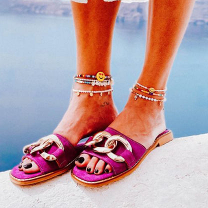 Fuchsia Square Toe Flats Metal Buckle Mules Slides Shoes