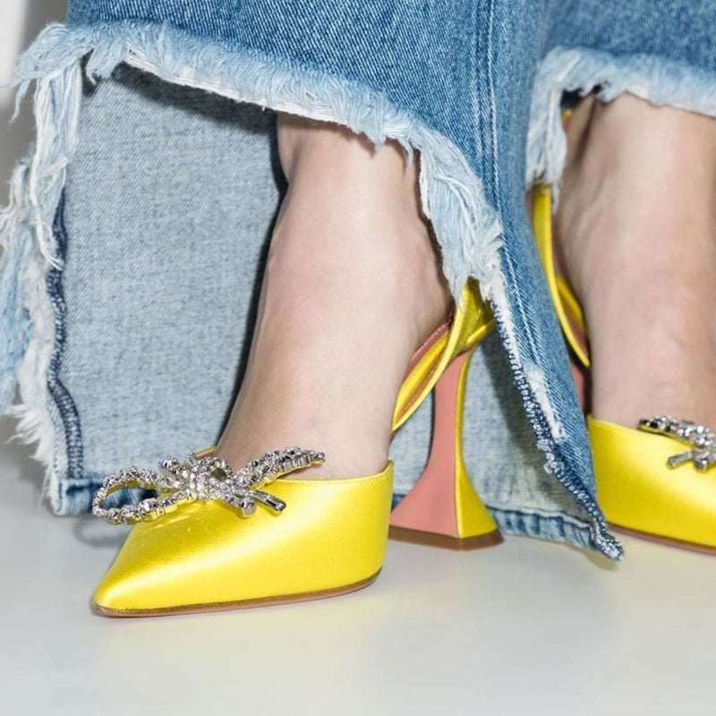 Yellow Satin Flared Heel Rhinestone Bow Embellished Slingback Pumps