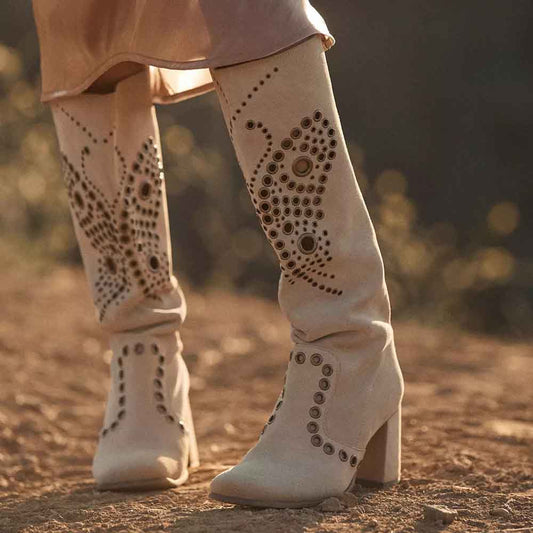 Beige Vegan Suede Square Toe 3'' Block Heel Cut-Out Knee High Boots