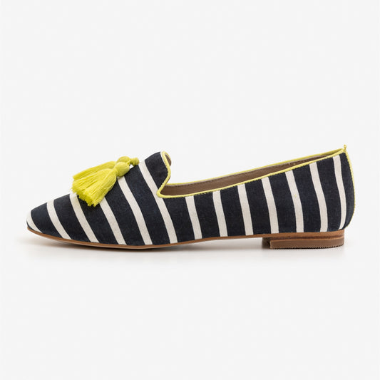 Black and White Striped Flats Yellow Tassel Women's Loafers