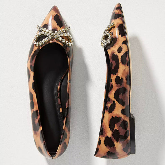 Brown Leopard Print Vegan Leather Pointed Toe Flats with Bow