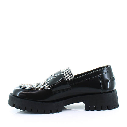Black Patent Leather Houndstooth Round Toe Vintage Chunky Loafers