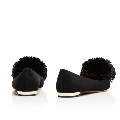 Black Cute Pom Pom Shoes Vegan Suede Pointy Toe Casual Flats