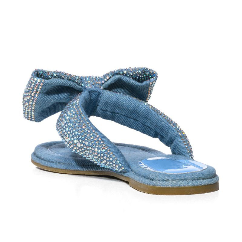 Blue Denim Open Toe Rhinestones Bow Thong Sandals Flat Mules