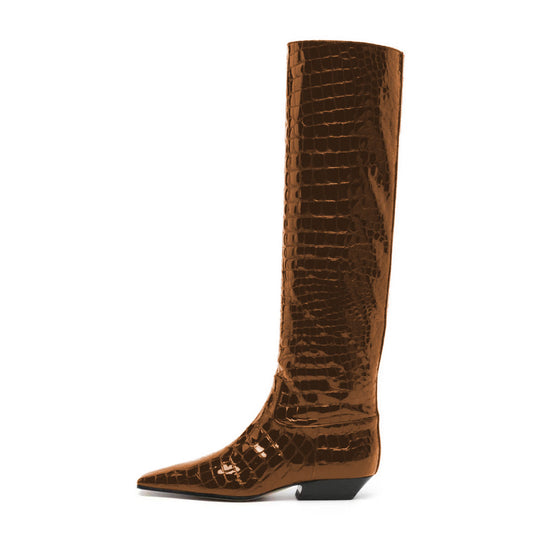 Brown Crocodile Embossed Square Toe Chunky Heel Knee High Boots