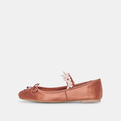 Pink Satin Square Toe Shoes Bow Embellished Ballet Flats with Straps