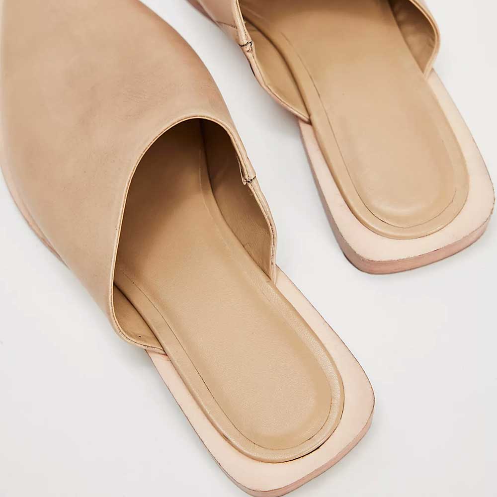Women's Nude Vegan Leather Slip On Flat Mules Closed Toe Shoes
