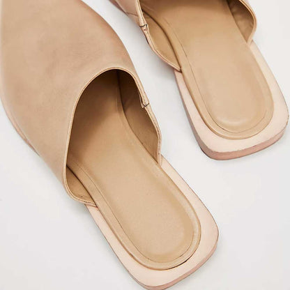 Women's Nude Vegan Leather Slip On Flat Mules Closed Toe Shoes