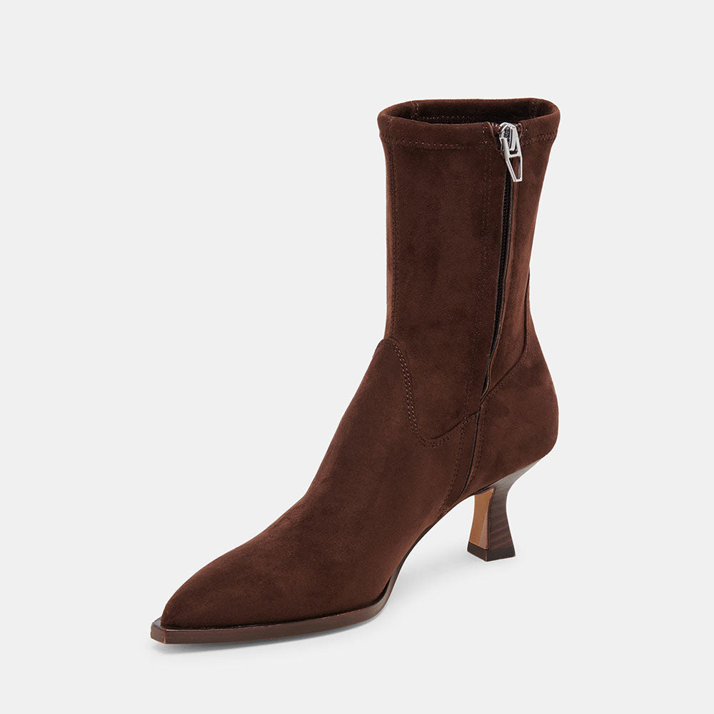 Women's Pointed Toe Spool Heel Zipper Mid Calf Boots in Brown