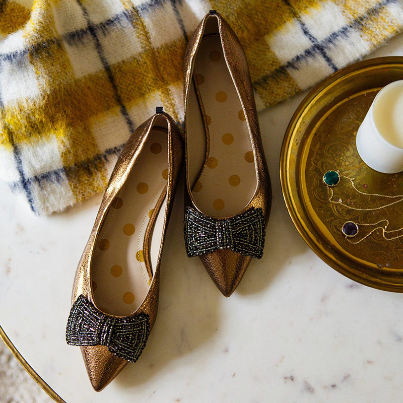 Rose Gold Pointy Toe Beaded Bow Comfortable Flats