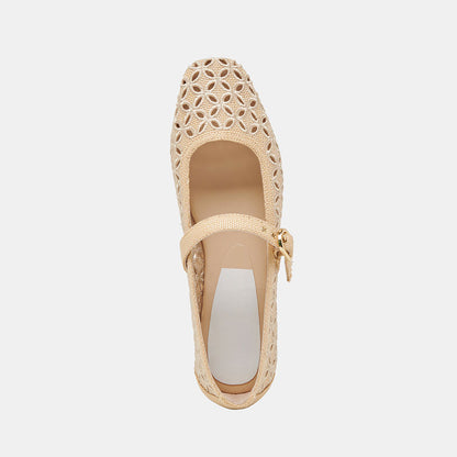 Beige Raffia Woven Square Toe Cut-Out Buckle Strap Ballet Flats