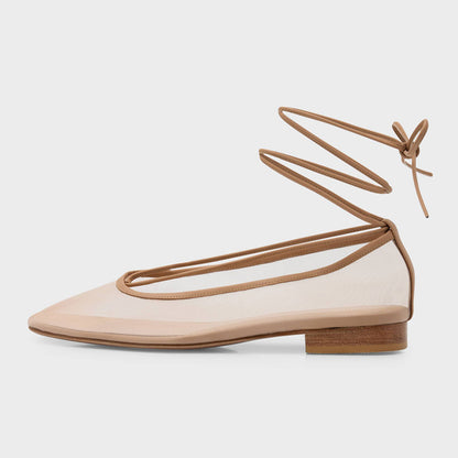 Chic Mesh Closed Square Toe Ankle Wrap Ballet Flats in Nude